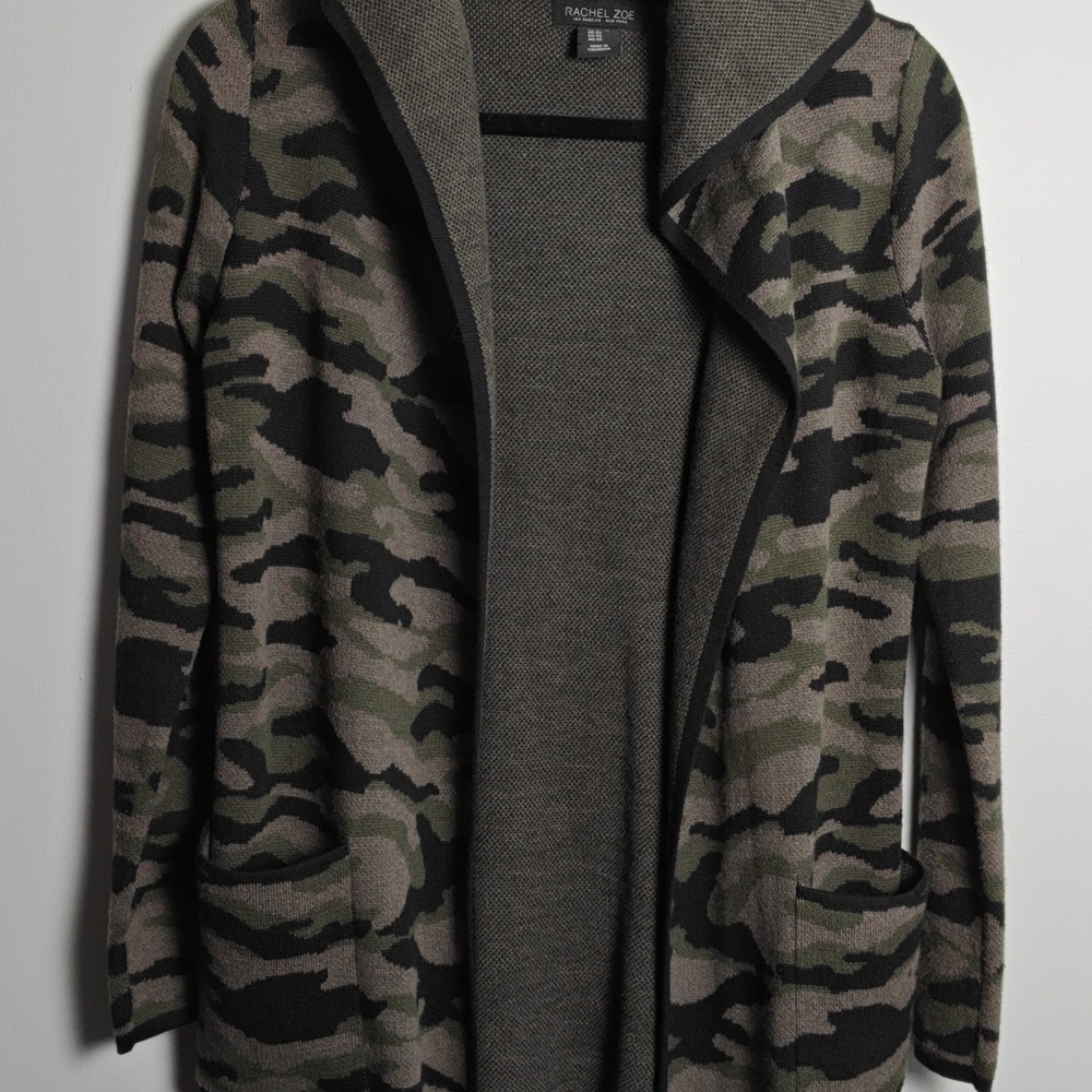 RACHEL ZOE Camouflage Hooded Open Knit Long Sleeve Cardigan Sweater Size XS - Picture 5 of 16